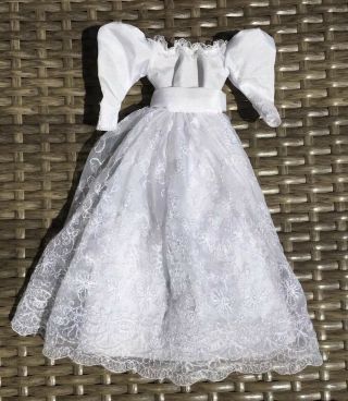 Vintage Barbie Doll Wedding Dress White With Lace Puff Sleeves Embroidered