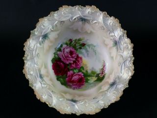 Antique Sorau Ornate Bowl W Hand - Painted Pink Red Roses,  12 " Ps Germany Repaired