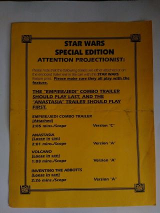 Star Wars Special Edition (1997) Projectionist Sheet From 35mm Film Can - Rare