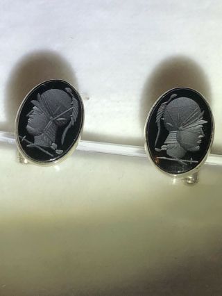 Vintage 900 Silver - Carved Cameo Of Greek Roman Soldier - Cufflinks