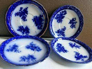 Set Of 4 Antique English Flow Blue Touraine Saucers Stanley Pottery Gold Trim