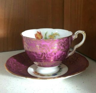 Royal Stafford Tea Cup And Saucer Wine Red Gold Gilt Floral Teacup Footed 1940s