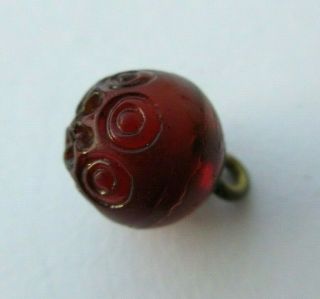 Stunning Antique Vtg Victorian Ruby Red Glass Ball Button Incised 1/2 " (h)