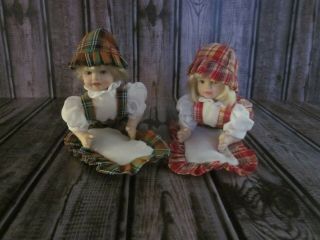 2 Vintage Porcelain Dolls Crawling Jointed Arms Legs Head Red Green Plaid Outfit