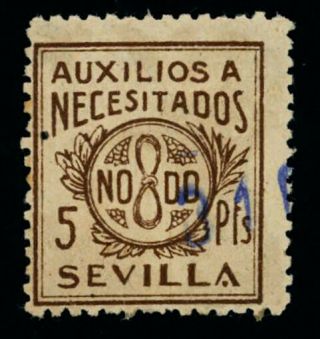 M138 Spain Civil War.  Local Stamp Sevilla.  5 Pesetas.  Key Value.  Rare.