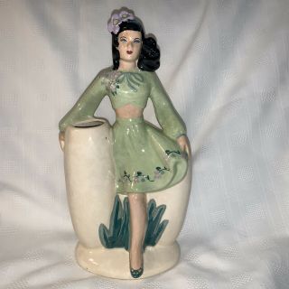 Vintage Weil Ware Pottery Dual Vase Figurine - Woman In Green Dress
