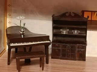 Vintage Miniature 1:16 Renwal Dollhouse Living Room China Hutch Baby Grand Piano