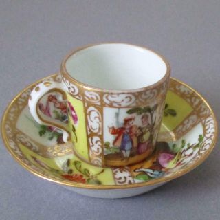 Antique Miniature Dresden Quatrefoil Porcelain Hp Cup Saucer Watteau Wolfsohn