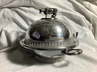 Antique Silverplate Dome Butter Dish Cow Finial Ram Heads