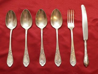 Vtg Russian Ussr Melchior Silver Plate 4 - Large Spoons,  1 - Large Fork,  1 - Large Knife