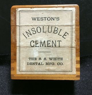 Antique Dental Cement Kit:s.  S.  White Insoluble Cement,  Powder & Liquid,  Wood Box