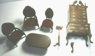 Dollhouse Miniature Vg Victorian 3 Red Velvet Chairs/highboy /table/ Music Stand