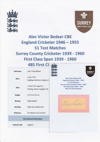 Alec Bedser England Test Cricketer 1946 - 1955 Rare Autograph Cutting