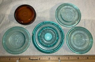 Antique 5x Glass Fruit Jar Lid Amber 1896 Columbia 3x Mason Cfj & Pat 1870 Blue