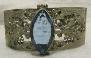 Antique Vintage Silver Plated Hinged Filigree Cuff Bracelet Blue Glass Stone Nr
