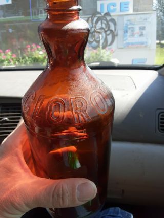 Vintage Clorox Amber Brown Embossed 16oz Glass Bottle,  10 