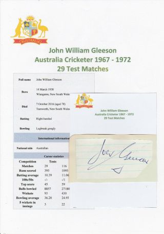 John Gleeson Australian Cricketer 1967 - 1972 Rare Autograph Cutting