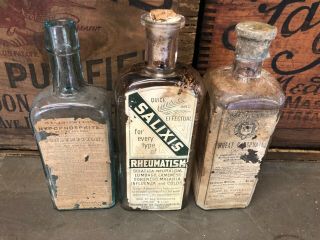 3 Embossed Antique Patent Quack Medicine Druggist Bottles Churchill Salixis