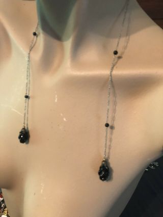 Antique Art Deco Black Glass Seed Bead Lariat Chain Flapper Necklace