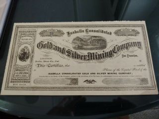 Rare 1879 Bodie California Isabella Gold Mining Co.  Stock Certificate Ca
