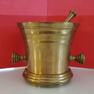 Vintage Solid Brass Mortar And Pestle With Handles 4.  5 " High Apothecary Heavy