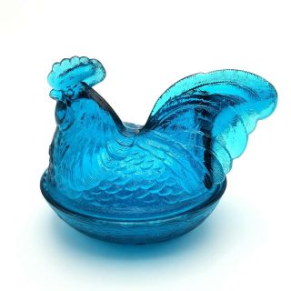 Large Vintage Turquoise Glass Hen On A Nest Covered Candy Dish 7 " Tall Rare Sign
