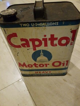 Vintage 2 Gallon Capitol Heavy Metal Advertising Antique Motor Oil Can