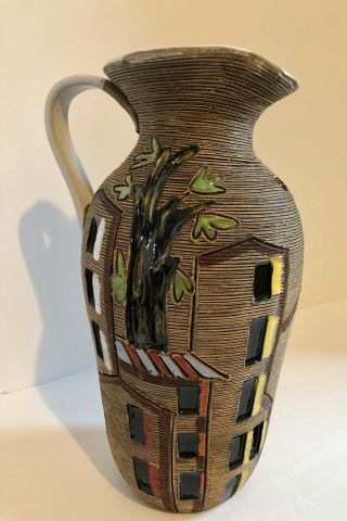 Rare " City Scape " Vintage Mcm Italian Pottery Vase Fratelli Fanciullacci 11”