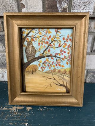 Vtg Signed Hand Painted Fall Landscape Owl In Tree Painting 12” X 10 " Wood Frame