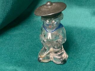 Vintage Antique Buster Brown Or Sailor Boy Glass Candy Container With Cap 3 "