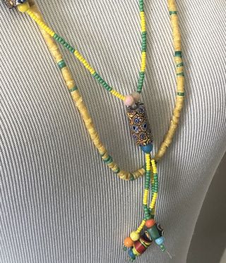 Vintage Seed Bead Necklace Yellow Tribal Boho Strands Blue Southwest