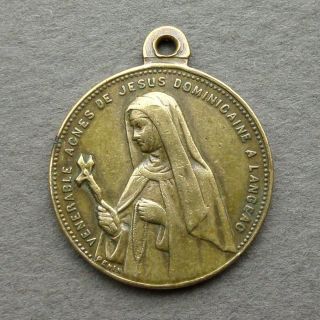 French Antique Brass Religious Pendant Saint Agnes Of Langeac Medal By Penin