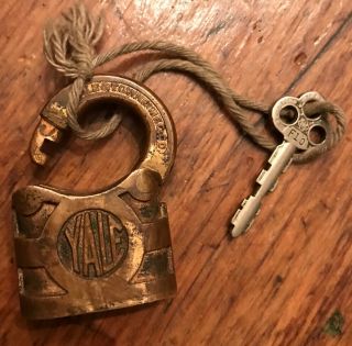 Antique Vintage Yale & Towne 1 1/2 " X 1 " Brass Padlock W/key,