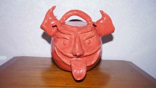Vtg Folk Art Face Jug Pottery Sculpture Red Devil Stoneware Rare One Of A Kind