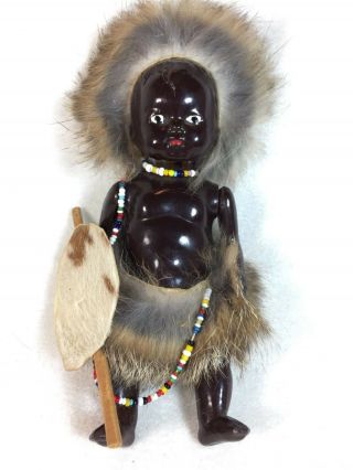 Vintage Jointed Pmi Jhb South African American Tribal Doll 6 " Fur Outfit