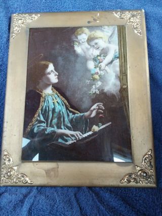 Antique Framed Picture Of Virgin Mary W/ Baby Angels - Appears To Be Under Glass