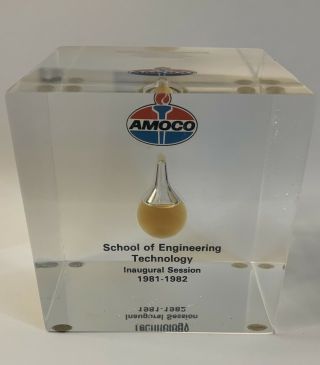 Vintage Amoco Crude Oil Drop Encased In Lucite Paperweight 1981 - 1982.  Rare