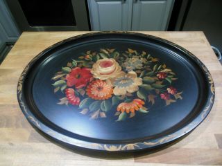 Vintage Tole Hand Painted Floral Metal Tray Oval 24 " X 19 1/2 " Rare