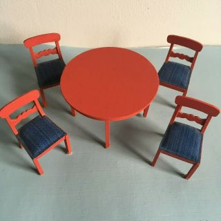 Vtg Lundby Doll House Round Red Dining Table With Four Chairs Blue Upholstery