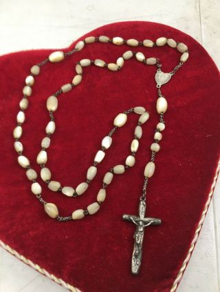 Vintage Antique Sterling Silver Cross Rosary Marble Beads (h)