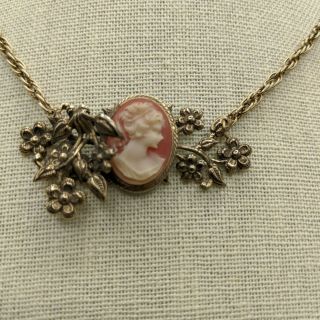 Vintage Unique Cameo Pendant,  Antique Gold Tone,  Repousse Flowers Necklace