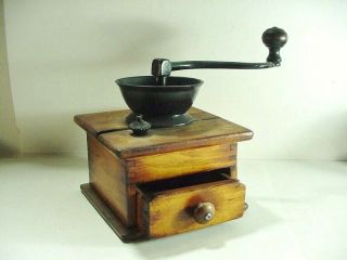 Antique Wood And Cast Iron Coffee Grinder Mill Hand Crank W/ Drawer Dovetailed