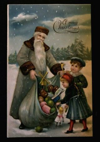 Long Green Robe Santa Claus With Children Snow Antique Christmas Postcard - A871