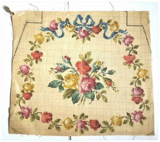 Antique Berlin Woolwork Hand Painted Chart Pattern Roses & Ribbons