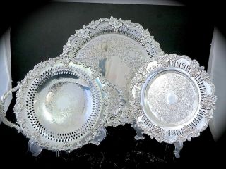 3 Vintage Silverplate Serving Dishes Trays Grape & Vine Wm.  Rogers Sheffield Rep.