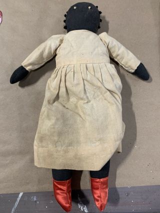 Old Vtg Ca 1930s Folk Art Black Sateen Cloth Rag Doll Antique 13” Tall W/ Hair