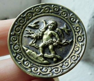 33mm Antique Brass Collectible Picture Button Cupid W/ Garland & Lovebirds