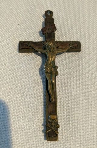 Stunning Vintage Antique Religious Cross Crucifix Wood & Brass With Skull