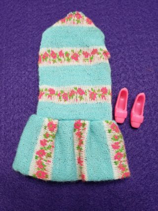 Barbie Vtg 1968 Mod Dress &shoes Togetherness Knit Blue W/striped Floral 1842