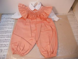 18 " Old Store Stock Doll Dk Peach Smocked Pinafore 2 Pc.  Pants W/wh.  Blouse